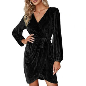 NEW Women's Long Sleeve Wrap Semi Formal Velvet Mini Dress Sexy Cocktail Dress